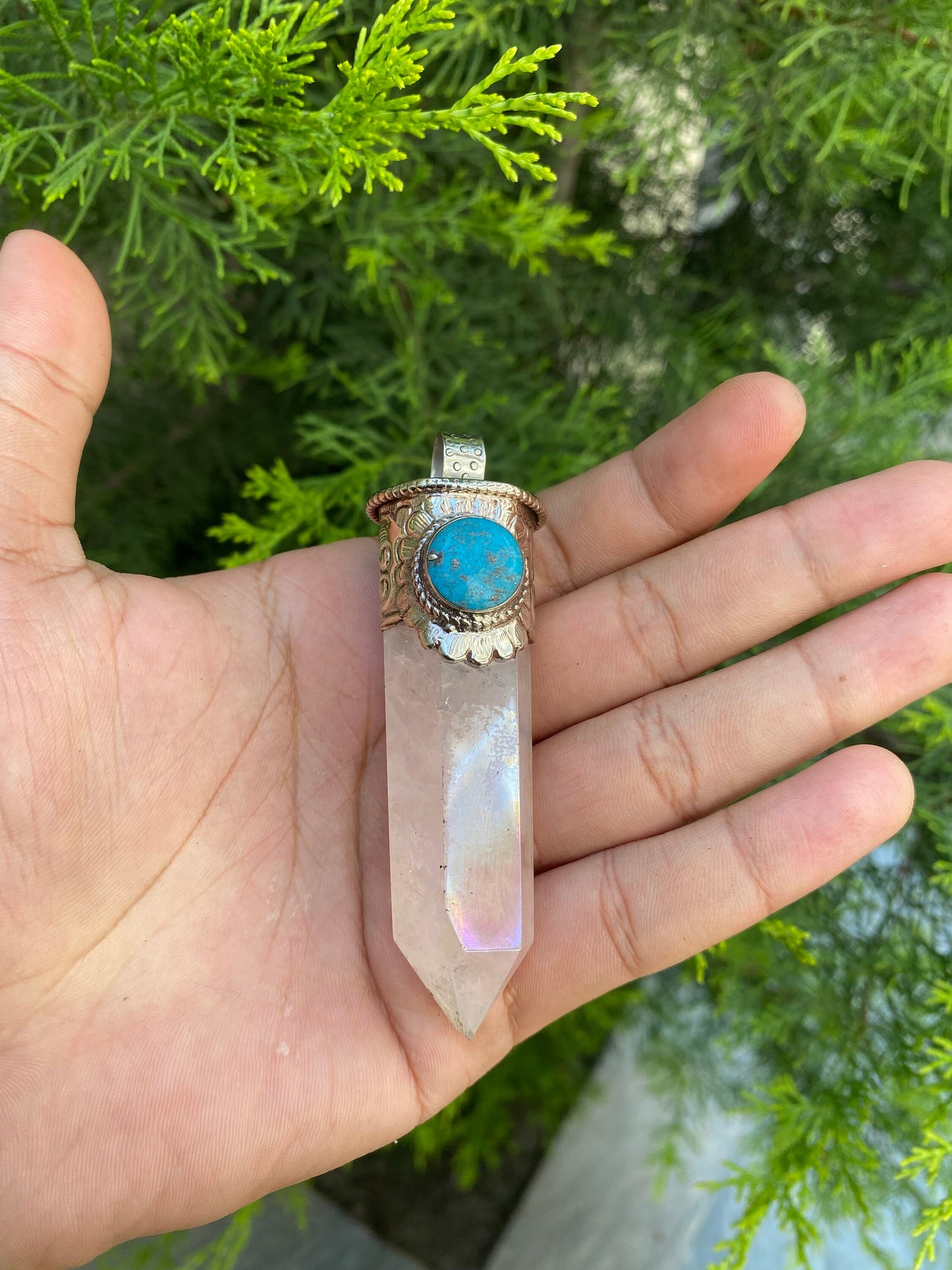 Pointed crystal pendant with Turquoise: Mystical Allure