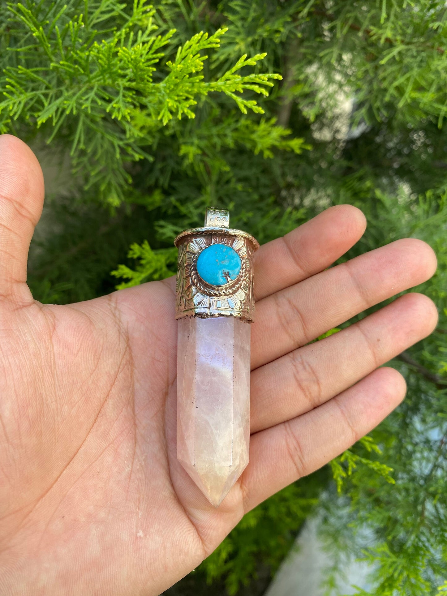 Pointed crystal pendant with Turquoise: Mystical Allure