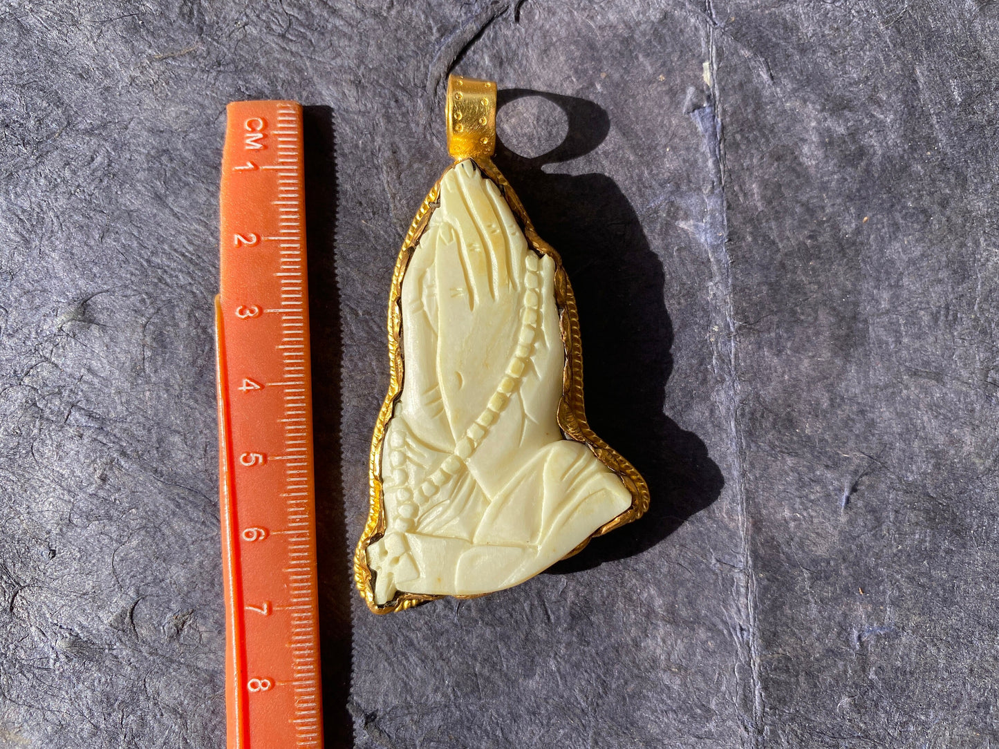 Prayer Hands Carved Bone Pendant, Non Tarnish 18k Brushed Gold Overlay, Crucifix Pendant, Christian Pendant, Jesus Cross Religious Gift