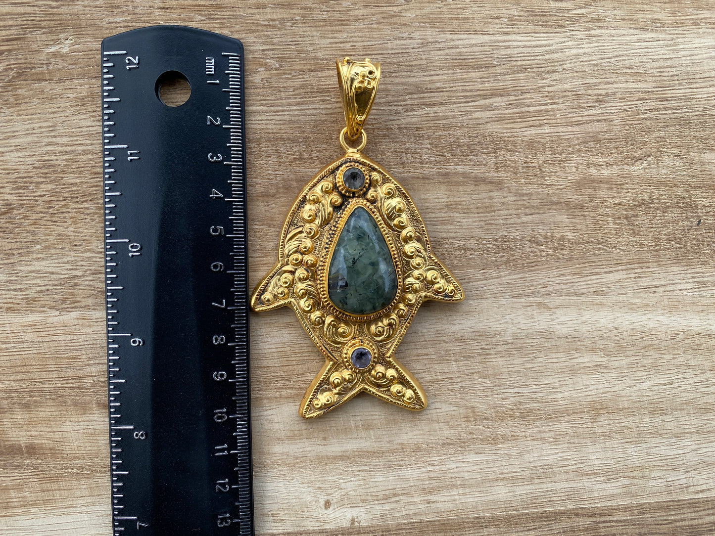 Prehnite with Amethyst Gemstone Fish Shaped Pendant, Non Tarnish Brushed Gold Overlay, Calming Stone, Elegant Jewelry, Luxury Pendant