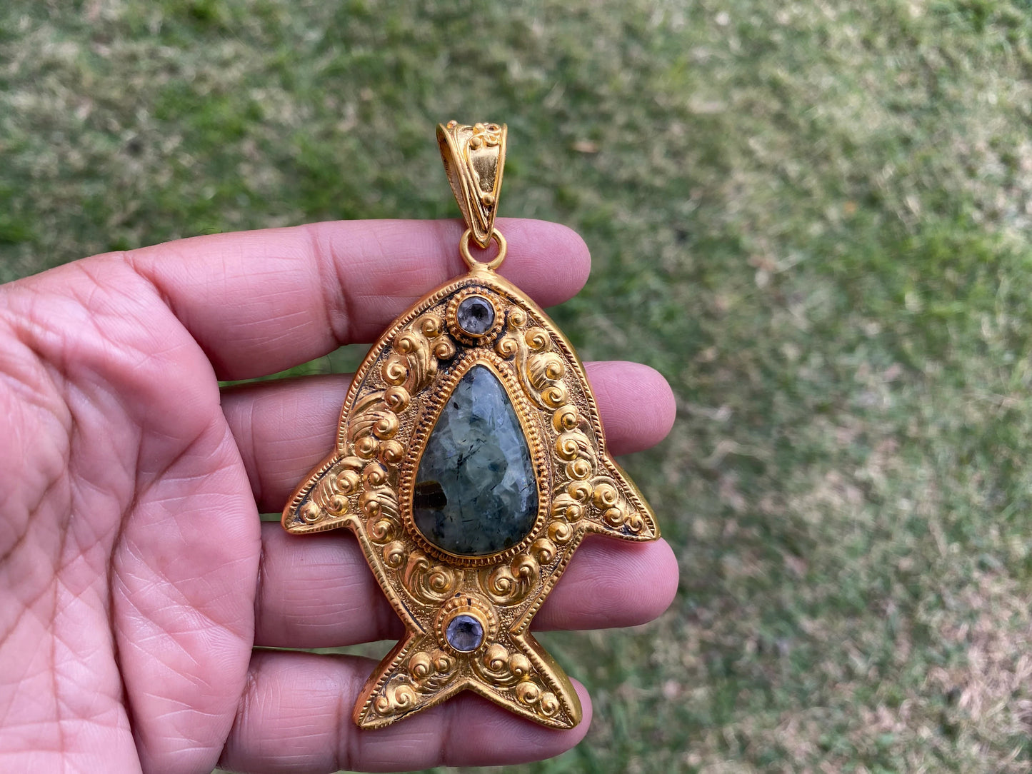 Prehnite with Amethyst Gemstone Fish Shaped Pendant, Non Tarnish Brushed Gold Overlay, Calming Stone, Elegant Jewelry, Luxury Pendant