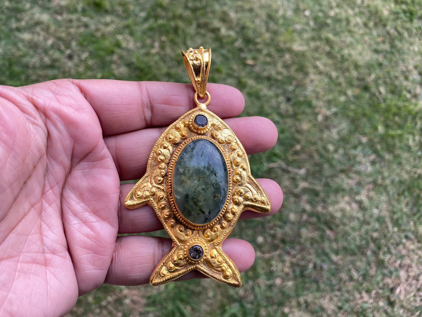 Prehnite with Amethyst Gemstone Fish Shaped Pendant, Non Tarnish Brushed Gold Overlay, Calming Stone, Elegant Jewelry, Luxury Pendant
