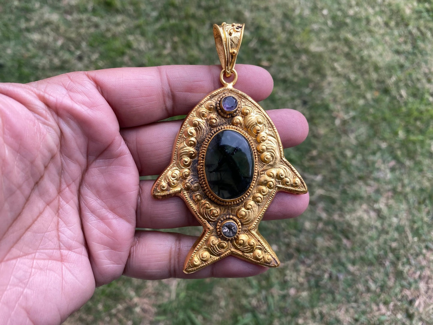 Prehnite with Amethyst Gemstone Fish Shaped Pendant, Non Tarnish Brushed Gold Overlay, Calming Stone, Elegant Jewelry, Luxury Pendant