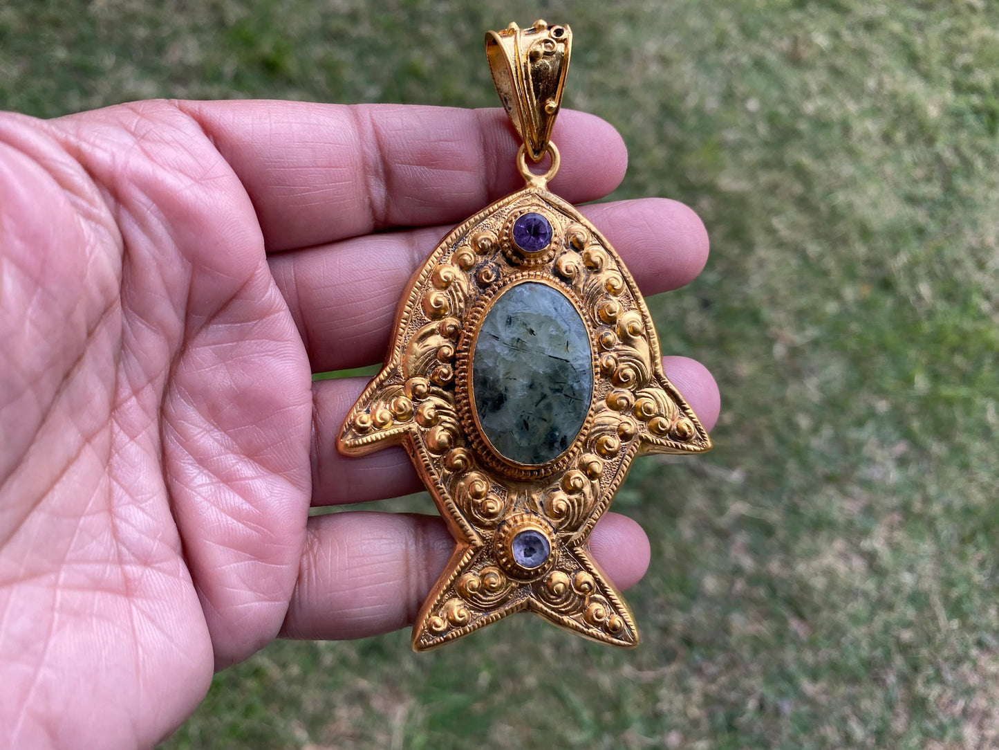 Prehnite with Amethyst Gemstone Fish Shaped Pendant, Non Tarnish Brushed Gold Overlay, Calming Stone, Elegant Jewelry, Luxury Pendant