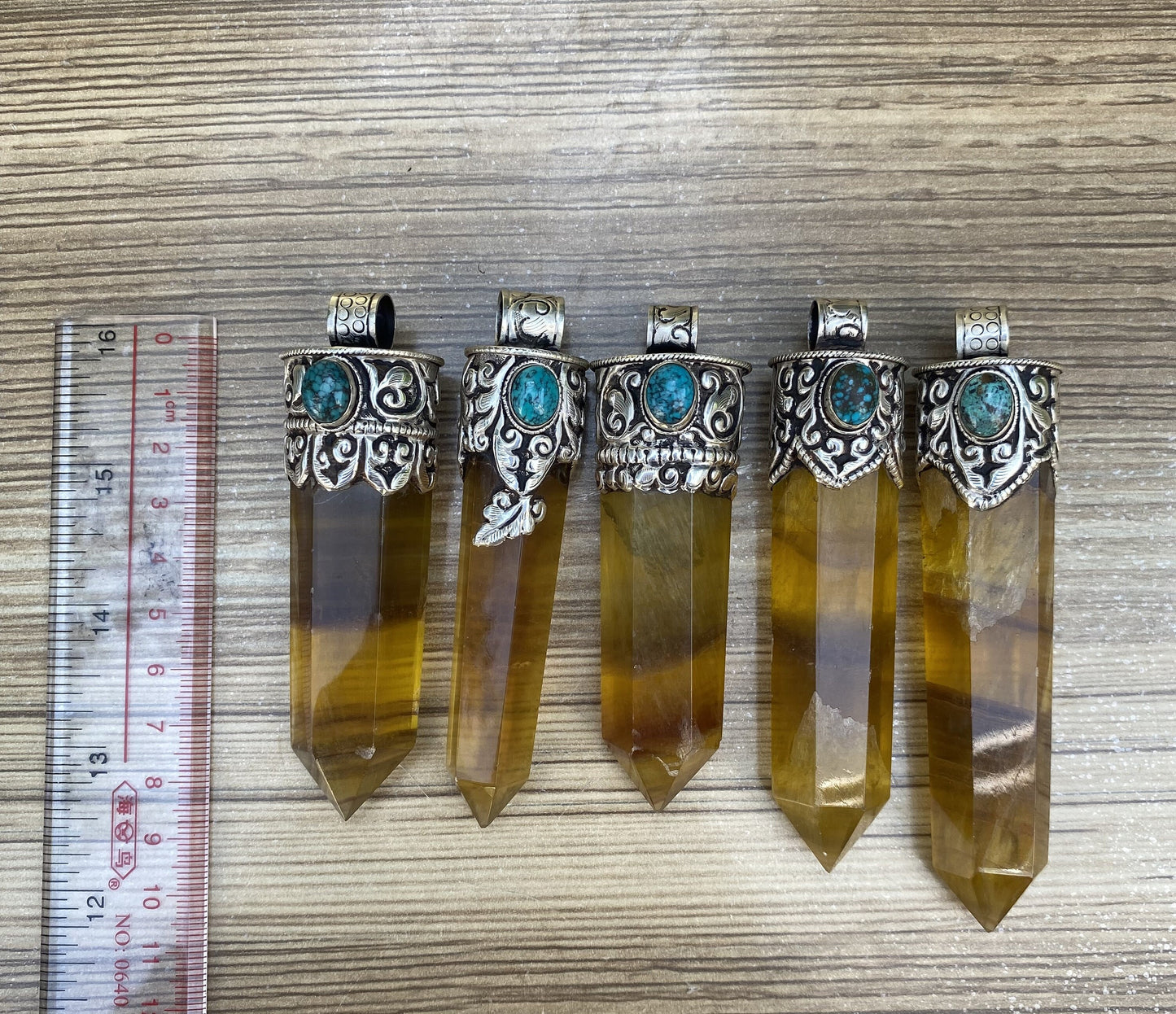 Radiant Pointed Fluorite Pendant, Pointed Fluorite Pendant with Turquoise Accent