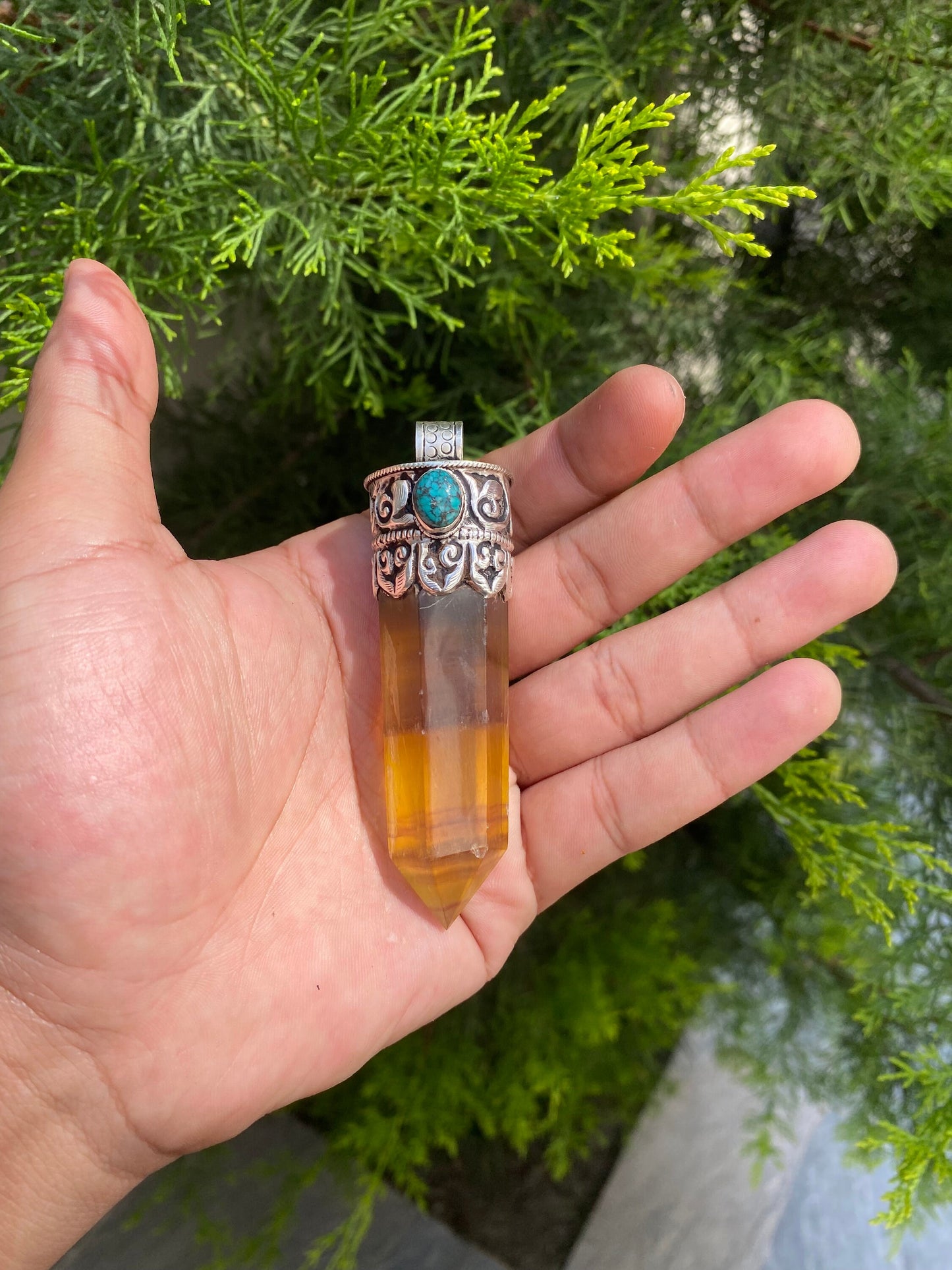 Radiant Pointed Fluorite Pendant, Pointed Fluorite Pendant with Turquoise Accent