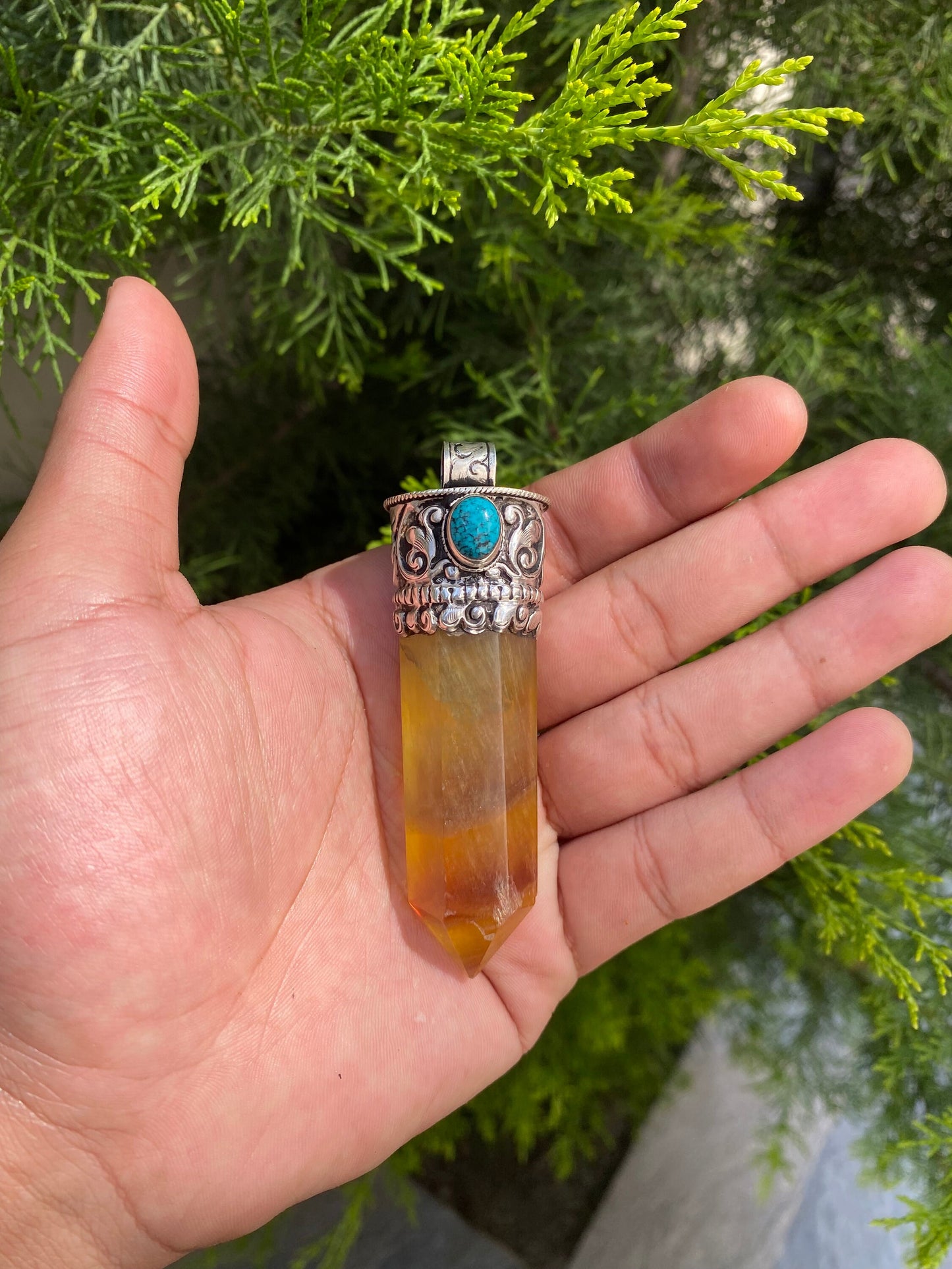 Radiant Pointed Fluorite Pendant, Pointed Fluorite Pendant with Turquoise Accent