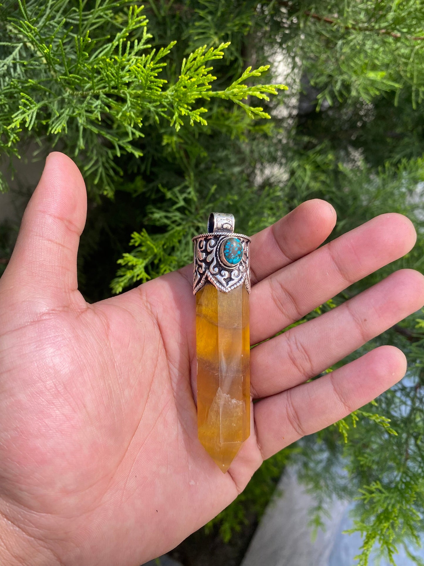 Radiant Pointed Fluorite Pendant, Pointed Fluorite Pendant with Turquoise Accent