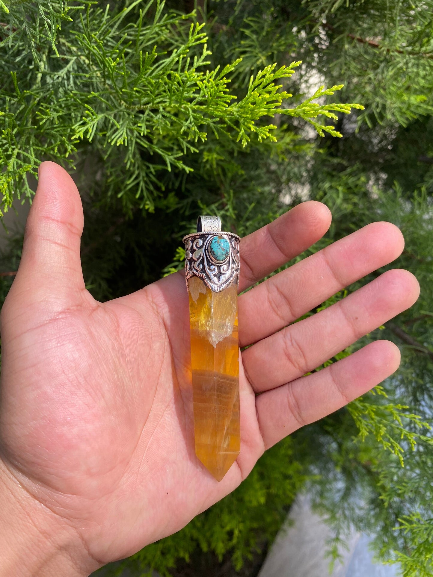 Radiant Pointed Fluorite Pendant, Pointed Fluorite Pendant with Turquoise Accent