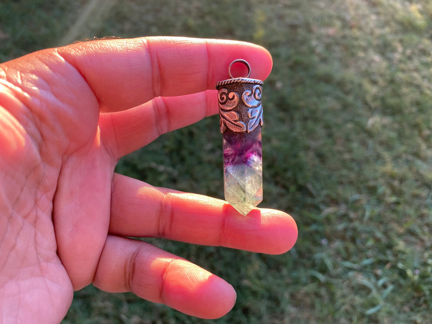 Rainbow Fluorite Crystal Point Sterling Silver Pendant, Healing Point Crystal, Fluorite Gemstone Point, Rainbow Fluorite, Tibetan Pendant