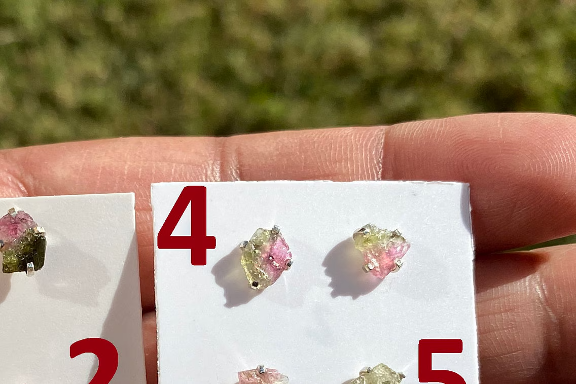 Raw Watermelon Tourmaline Studs Earring, Sterling Silver Studs, Rough Gemstone Earring, Raw Tourmaline Stud Earrings, Natural Stone Jewelry