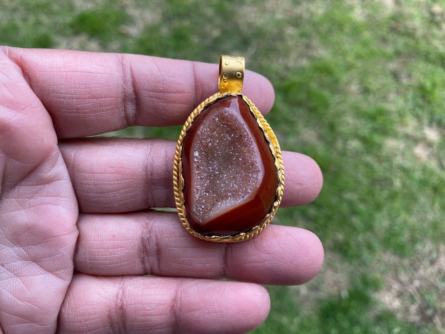 Raw Agate Druzy Stone Non Tarnish Brushed Gold Overlay Pendant, Healing Pendant, Hill Tribe Women's Jewelry, Birthstone Pendant for Necklace