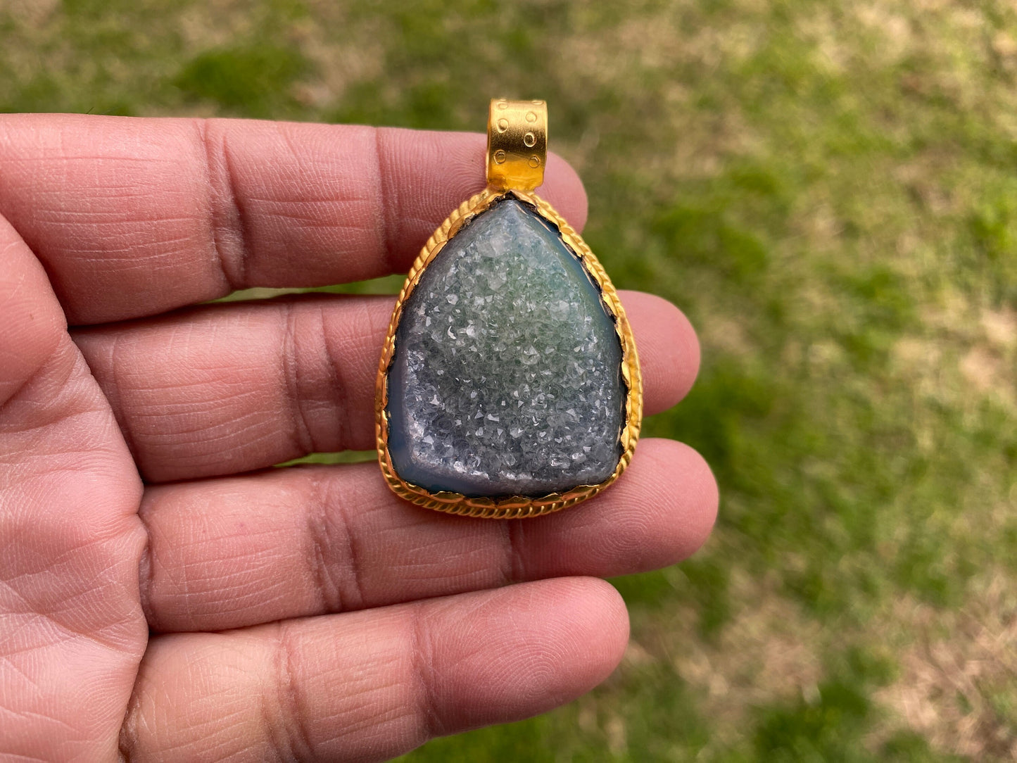 Raw Agate Druzy Stone Non Tarnish Brushed Gold Overlay Pendant, Healing Pendant, Hill Tribe Women's Jewelry, Birthstone Pendant for Necklace