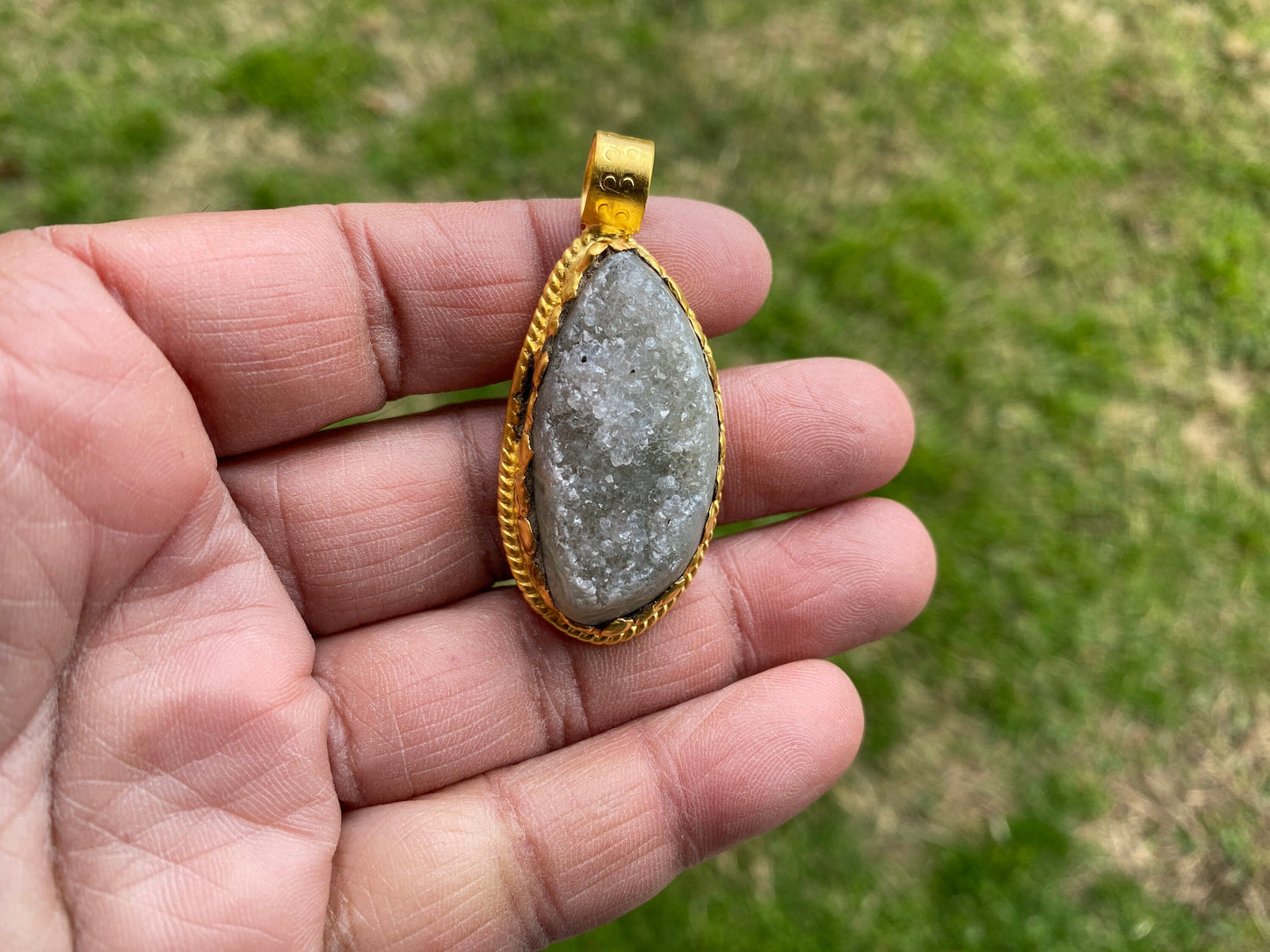 Raw Agate Druzy Stone Non Tarnish Brushed Gold Overlay Pendant, Healing Pendant, Hill Tribe Women's Jewelry, Birthstone Pendant for Necklace