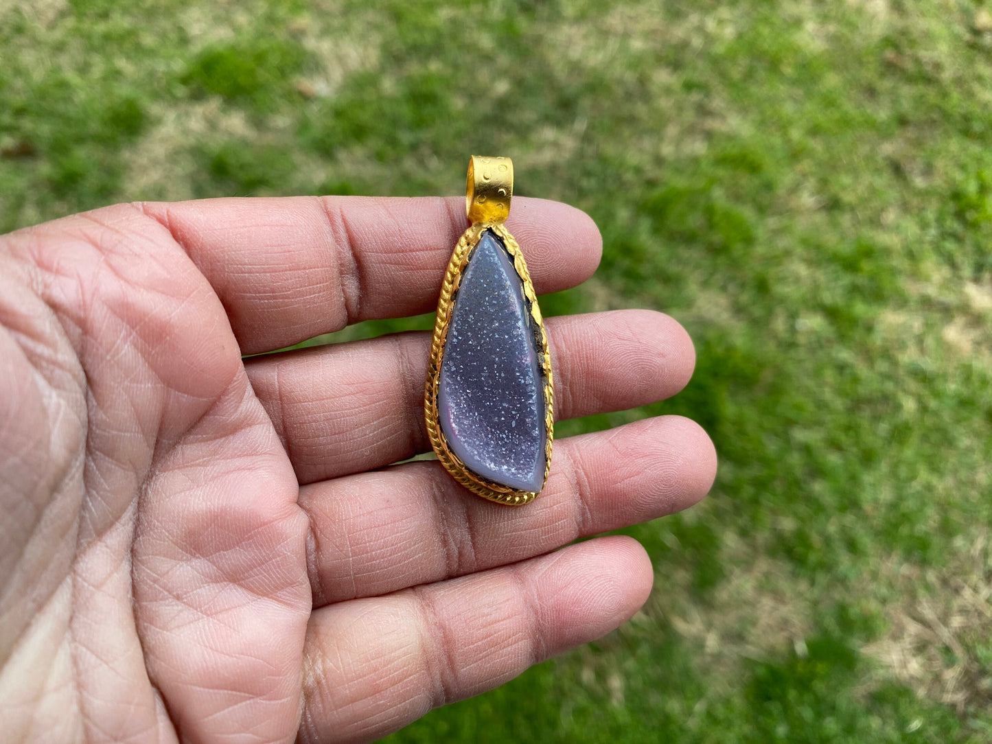 Raw Agate Druzy Stone Non Tarnish Brushed Gold Overlay Pendant, Healing Pendant, Hill Tribe Women's Jewelry, Birthstone Pendant for Necklace