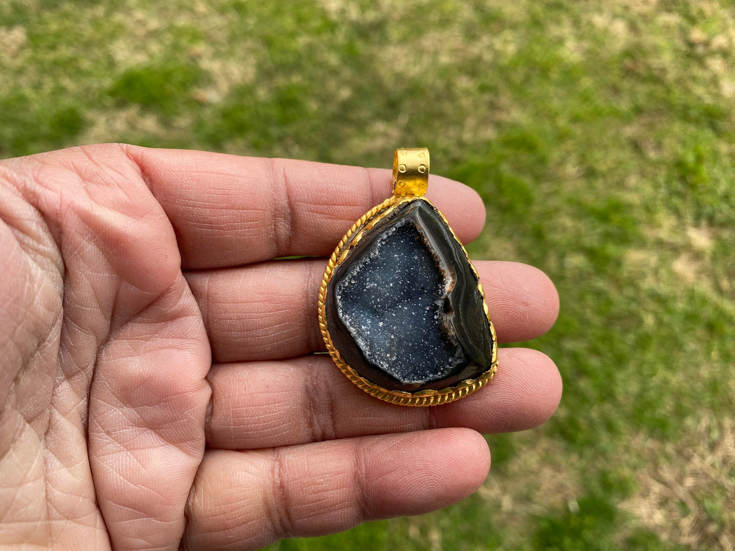Raw Agate Druzy Stone Non Tarnish Brushed Gold Overlay Pendant, Healing Pendant, Hill Tribe Women's Jewelry, Birthstone Pendant for Necklace