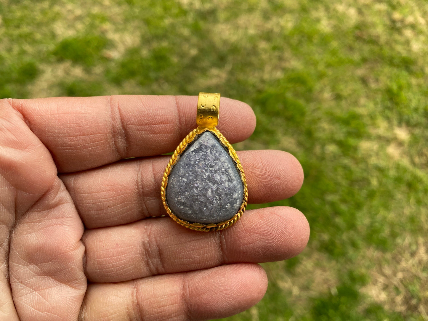 Raw Agate Druzy Stone Non Tarnish Brushed Gold Overlay Pendant, Healing Pendant, Hill Tribe Women's Jewelry, Birthstone Pendant for Necklace