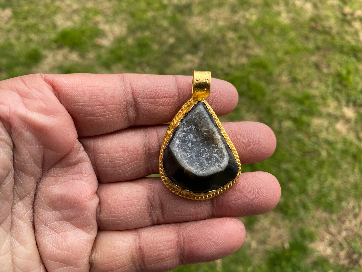 Raw Agate Druzy Stone Non Tarnish Brushed Gold Overlay Pendant, Healing Pendant, Hill Tribe Women's Jewelry, Birthstone Pendant for Necklace