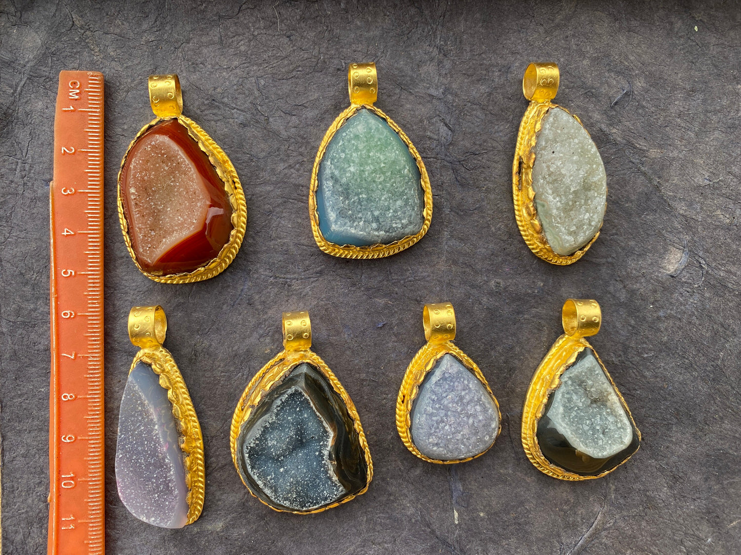 Raw Agate Druzy Stone Non Tarnish Brushed Gold Overlay Pendant, Healing Pendant, Hill Tribe Women's Jewelry, Birthstone Pendant for Necklace