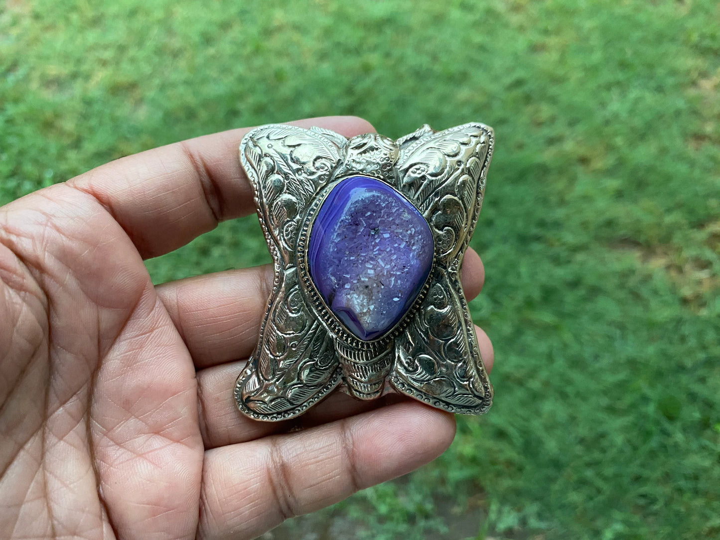 Raw Agate Druzy Stone Tibetan Silver Large Pendant, Healing Pendant, Hill Tribe Women's Jewelry, Birthstone Pendant, Pendant Necklace