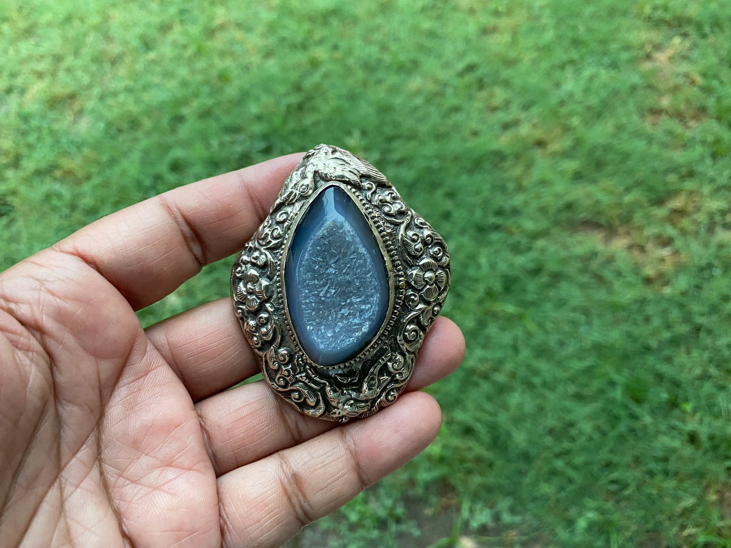 Raw Agate Druzy Stone Tibetan Silver Large Pendant, Healing Pendant, Hill Tribe Women's Jewelry, Birthstone Pendant, Pendant Necklace