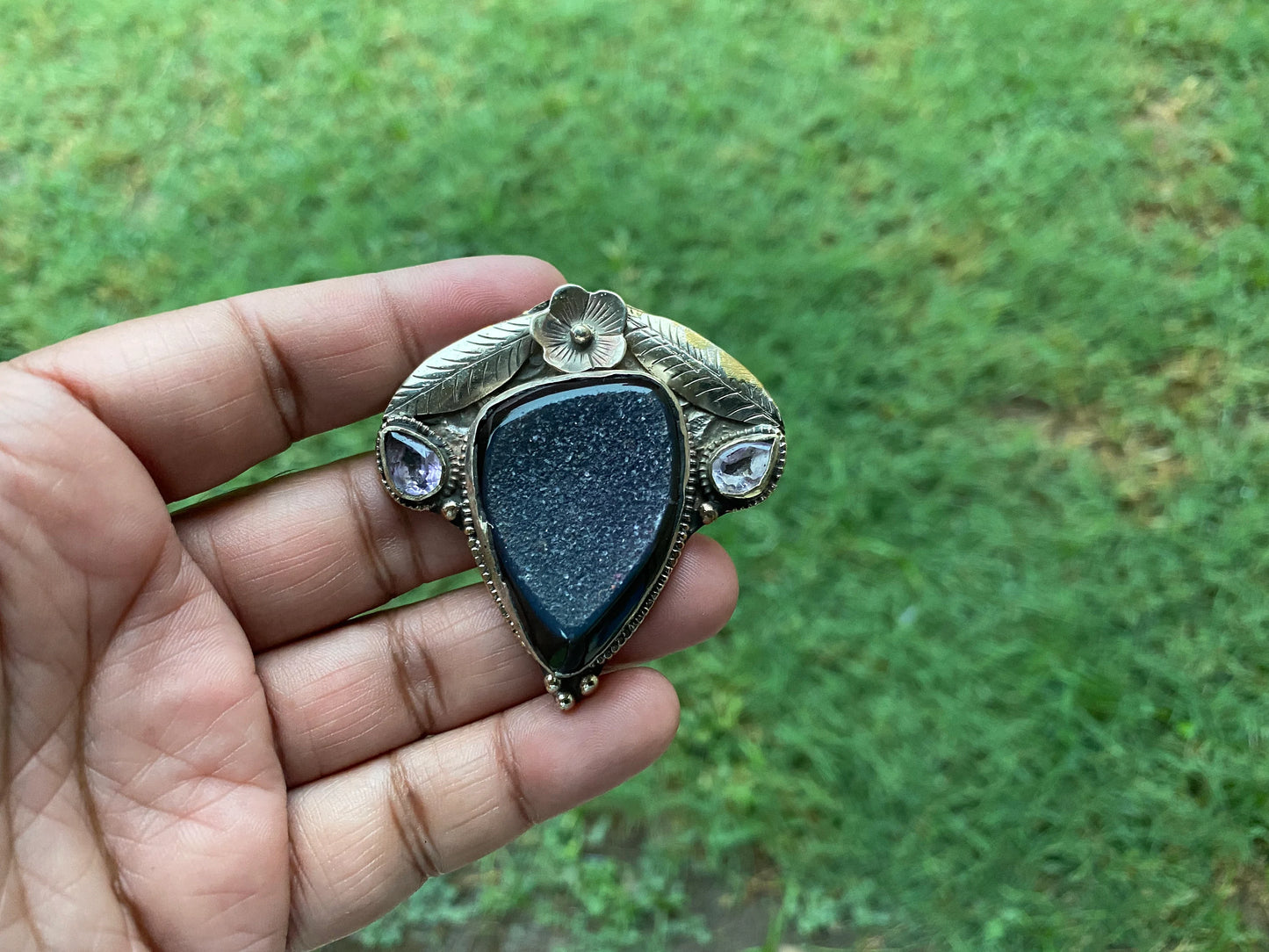 Raw Agate Druzy Stone Tibetan Silver Large Pendant, Healing Pendant, Hill Tribe Women's Jewelry, Birthstone Pendant, Pendant Necklace