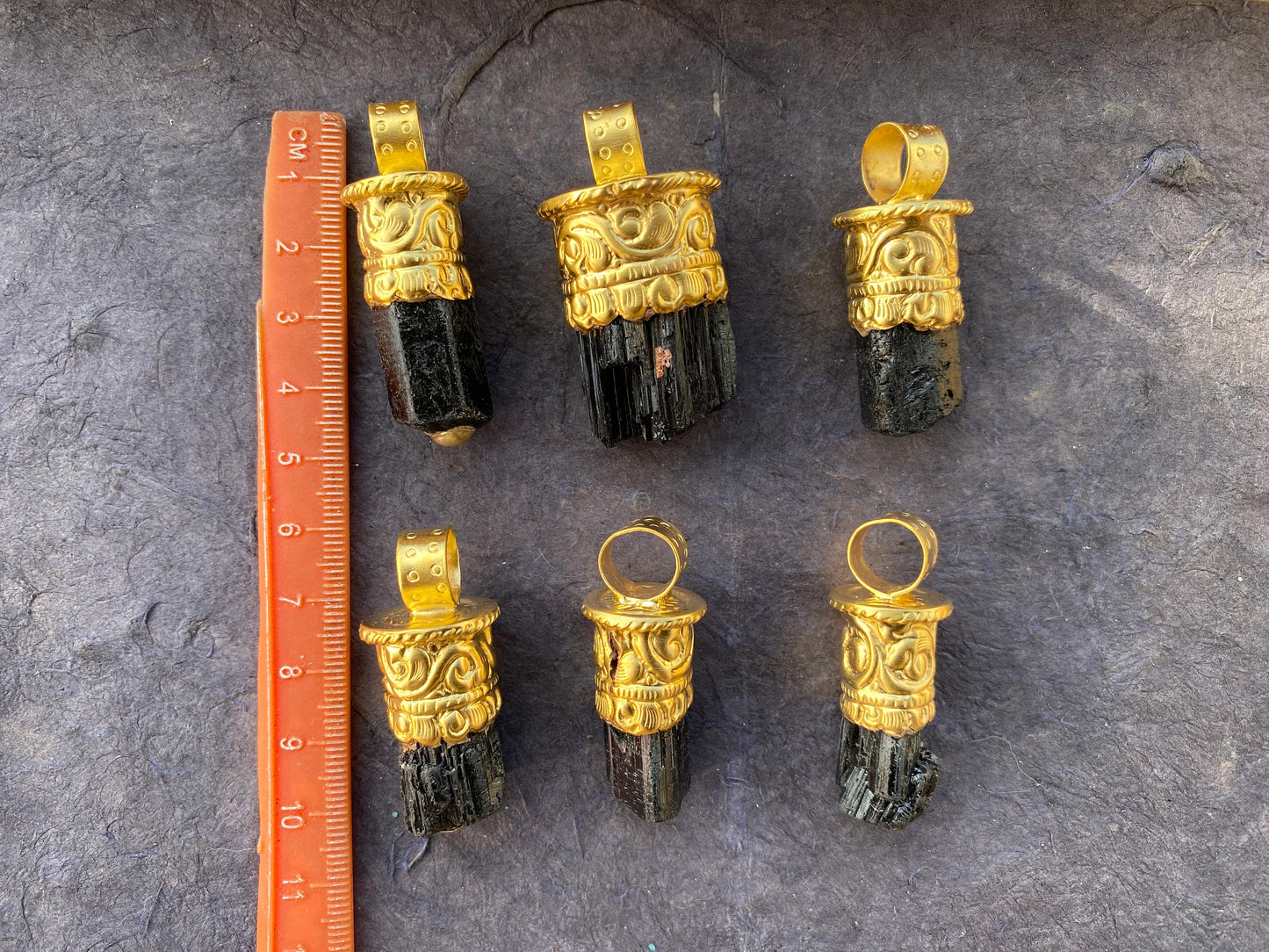 Raw Black Tourmaline Brushed Gold Overlay Non Tarnish Pendant, Natural Pointed Crystal, Black Tourmaline Gemstone, High Energy Stone Pendant