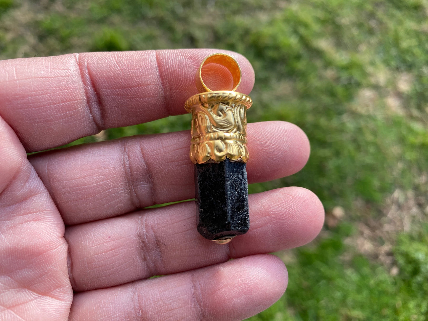 Raw Black Tourmaline Brushed Gold Overlay Non Tarnish Pendant, Natural Pointed Crystal, Black Tourmaline Gemstone, High Energy Stone Pendant