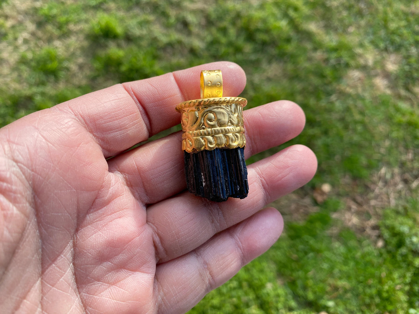 Raw Black Tourmaline Brushed Gold Overlay Non Tarnish Pendant, Natural Pointed Crystal, Black Tourmaline Gemstone, High Energy Stone Pendant