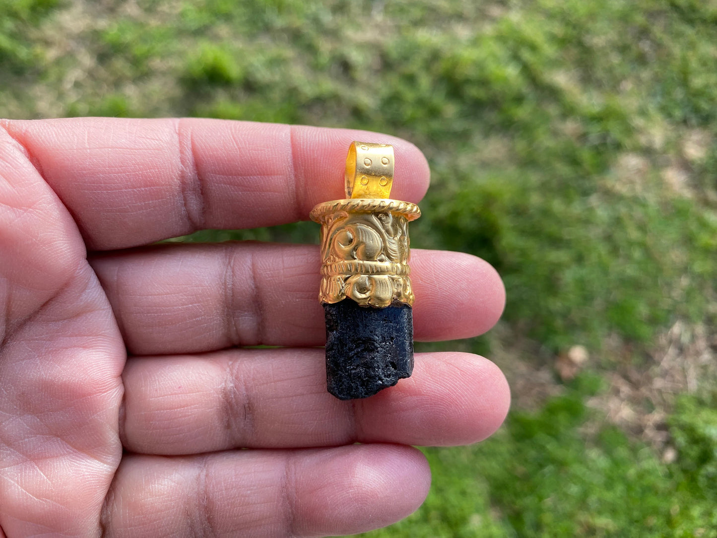 Raw Black Tourmaline Brushed Gold Overlay Non Tarnish Pendant, Natural Pointed Crystal, Black Tourmaline Gemstone, High Energy Stone Pendant