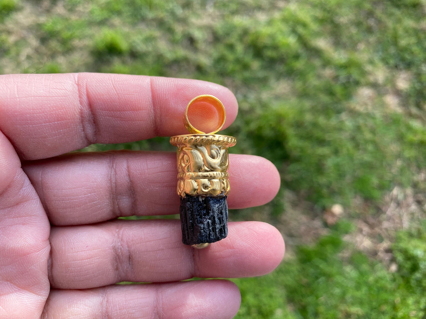 Raw Black Tourmaline Brushed Gold Overlay Non Tarnish Pendant, Natural Pointed Crystal, Black Tourmaline Gemstone, High Energy Stone Pendant