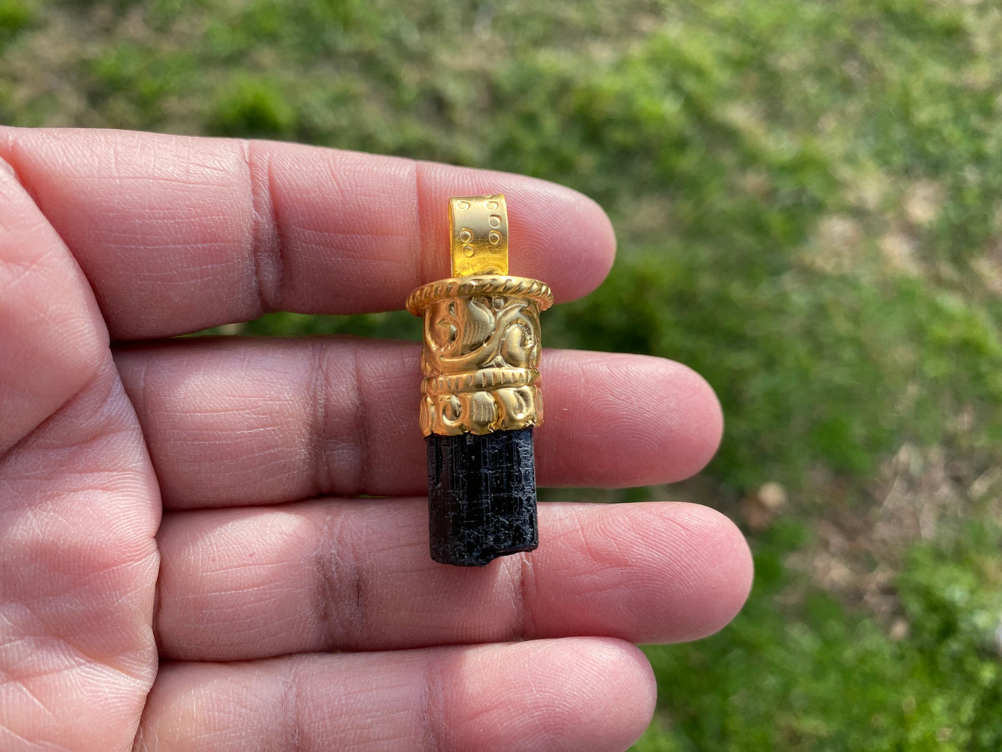 Raw Black Tourmaline Brushed Gold Overlay Non Tarnish Pendant, Natural Pointed Crystal, Black Tourmaline Gemstone, High Energy Stone Pendant