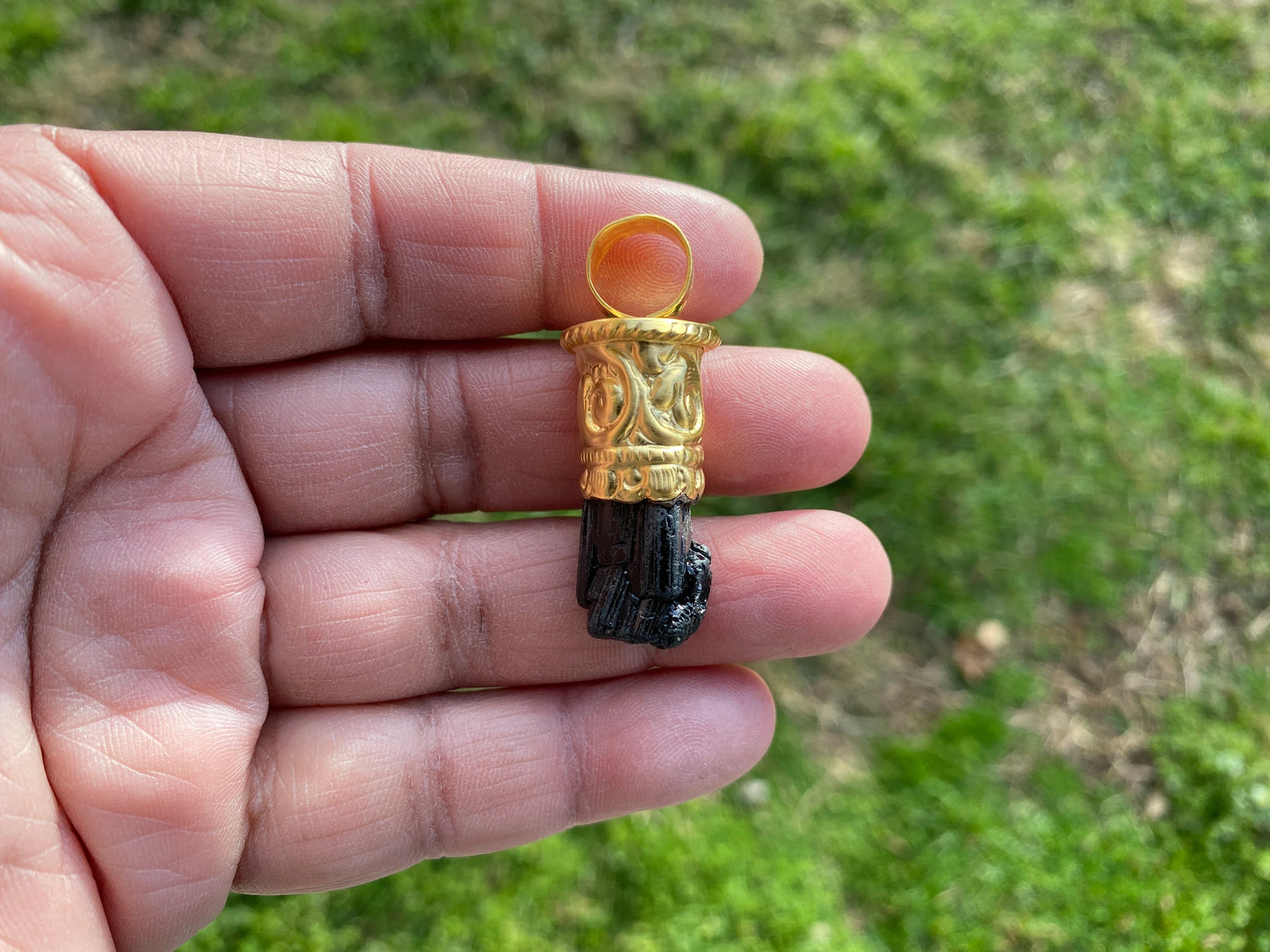 Raw Black Tourmaline Brushed Gold Overlay Non Tarnish Pendant, Natural Pointed Crystal, Black Tourmaline Gemstone, High Energy Stone Pendant