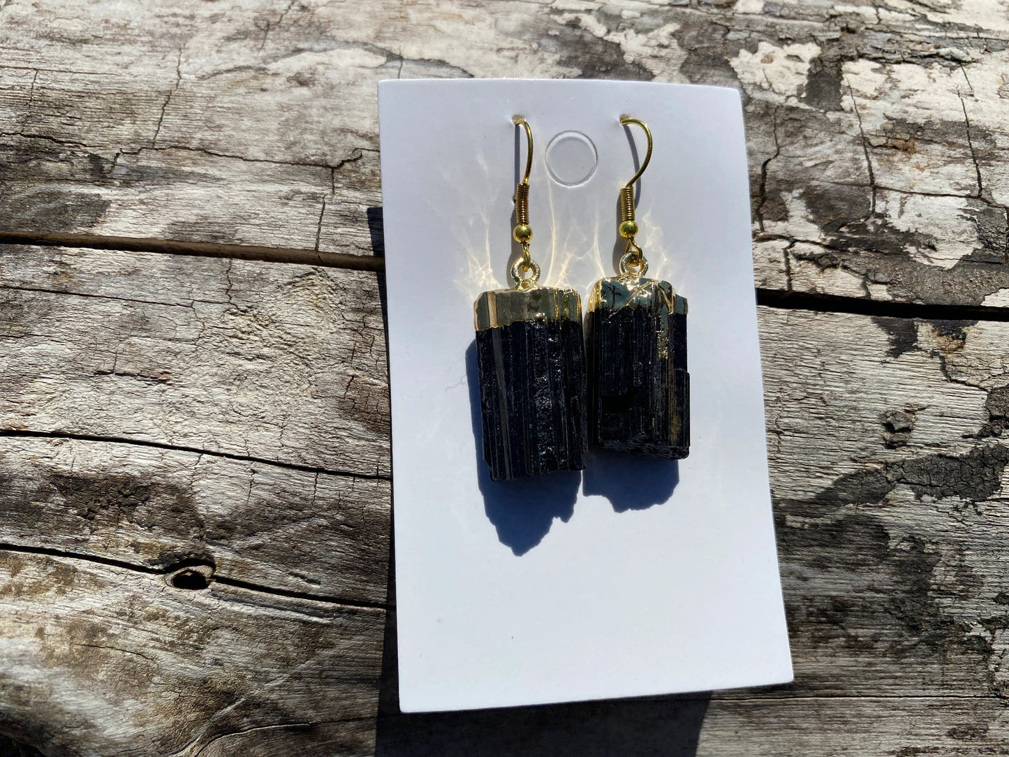 Raw Black Tourmaline Earrings, Gold Electroplated, Raw Gemstone Earrings, Dangle Earring, Gifts for Mom, Mothers Day Gift, Healing Crystal