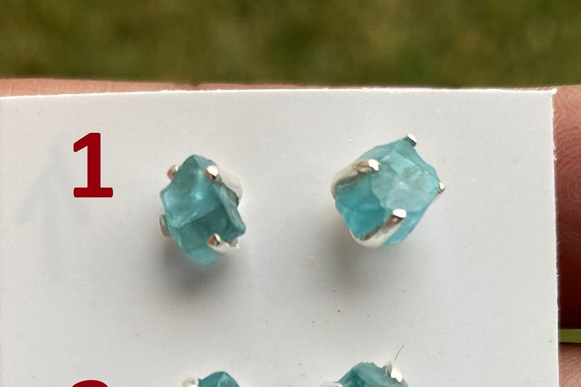 Raw Blue Apatite Stud Earrings - Sterling Silver - Rough Blue Apatite Earrings - Blue Apatite Stone - Apatite Crystal - Blue Apatite Jewelry