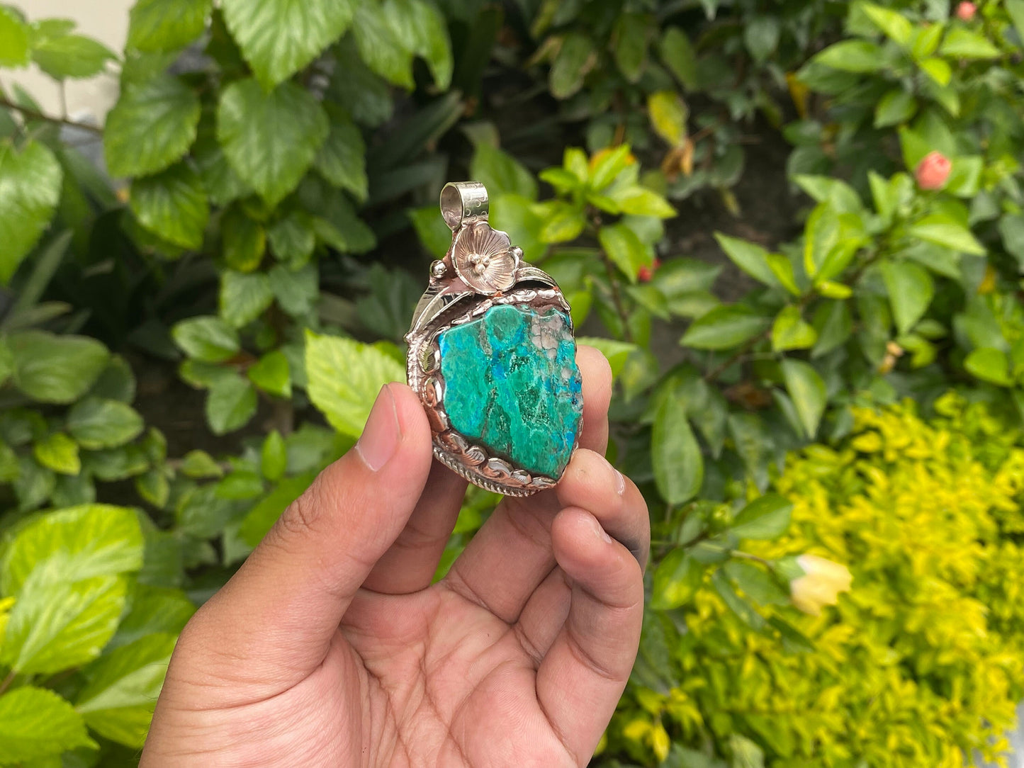 Raw Chrysocolla Handmade Nepalese Pendant, Boho Chic Jewelry, Unisex Tibetan Silver Jewelry, Healing Pendant, Hammered Floral Design