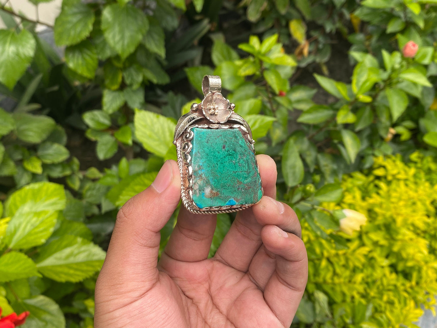 Raw Chrysocolla Handmade Nepalese Pendant, Boho Chic Jewelry, Unisex Tibetan Silver Jewelry, Healing Pendant, Hammered Floral Design