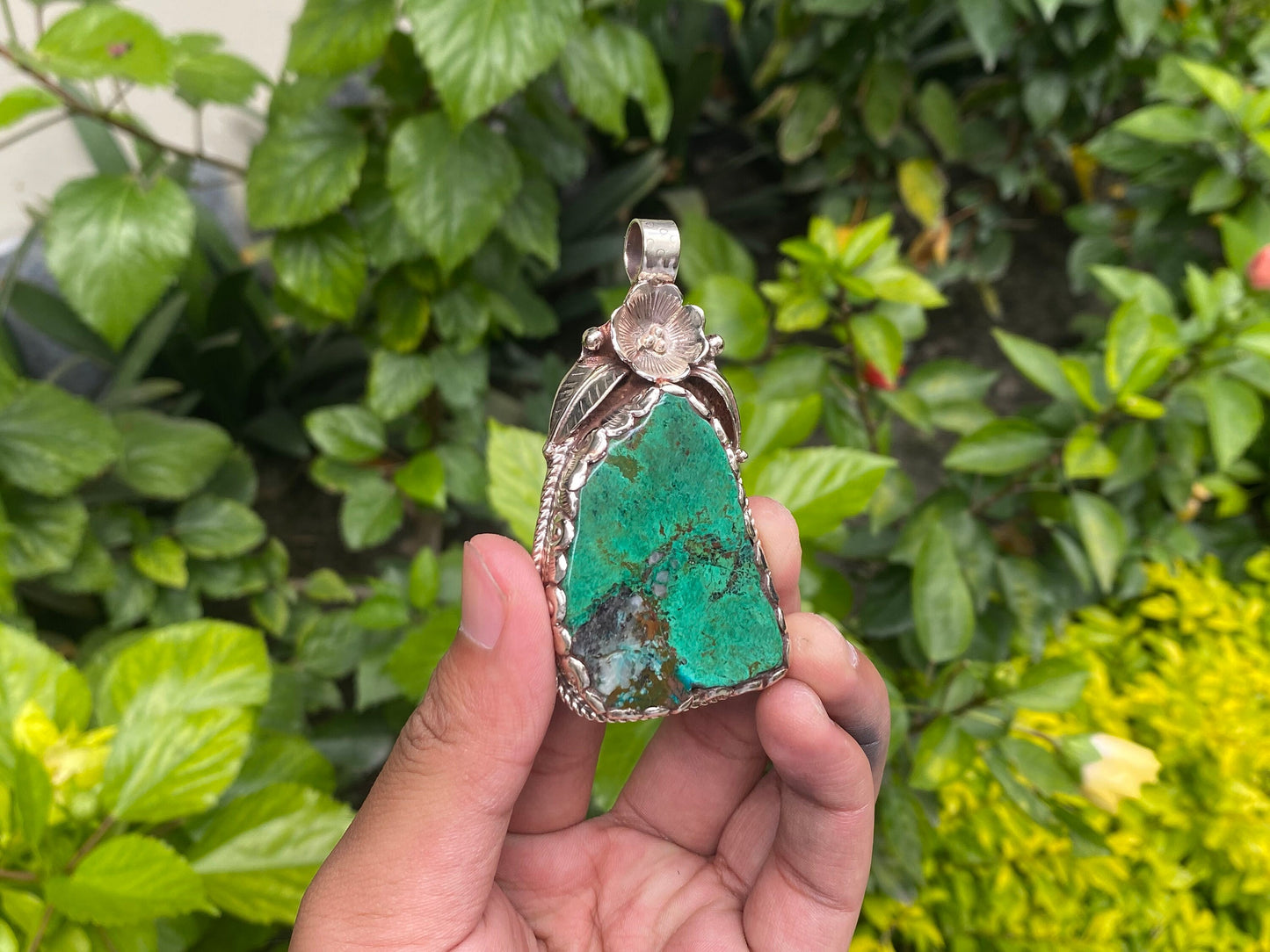 Raw Chrysocolla Handmade Nepalese Pendant, Boho Chic Jewelry, Unisex Tibetan Silver Jewelry, Healing Pendant, Hammered Floral Design
