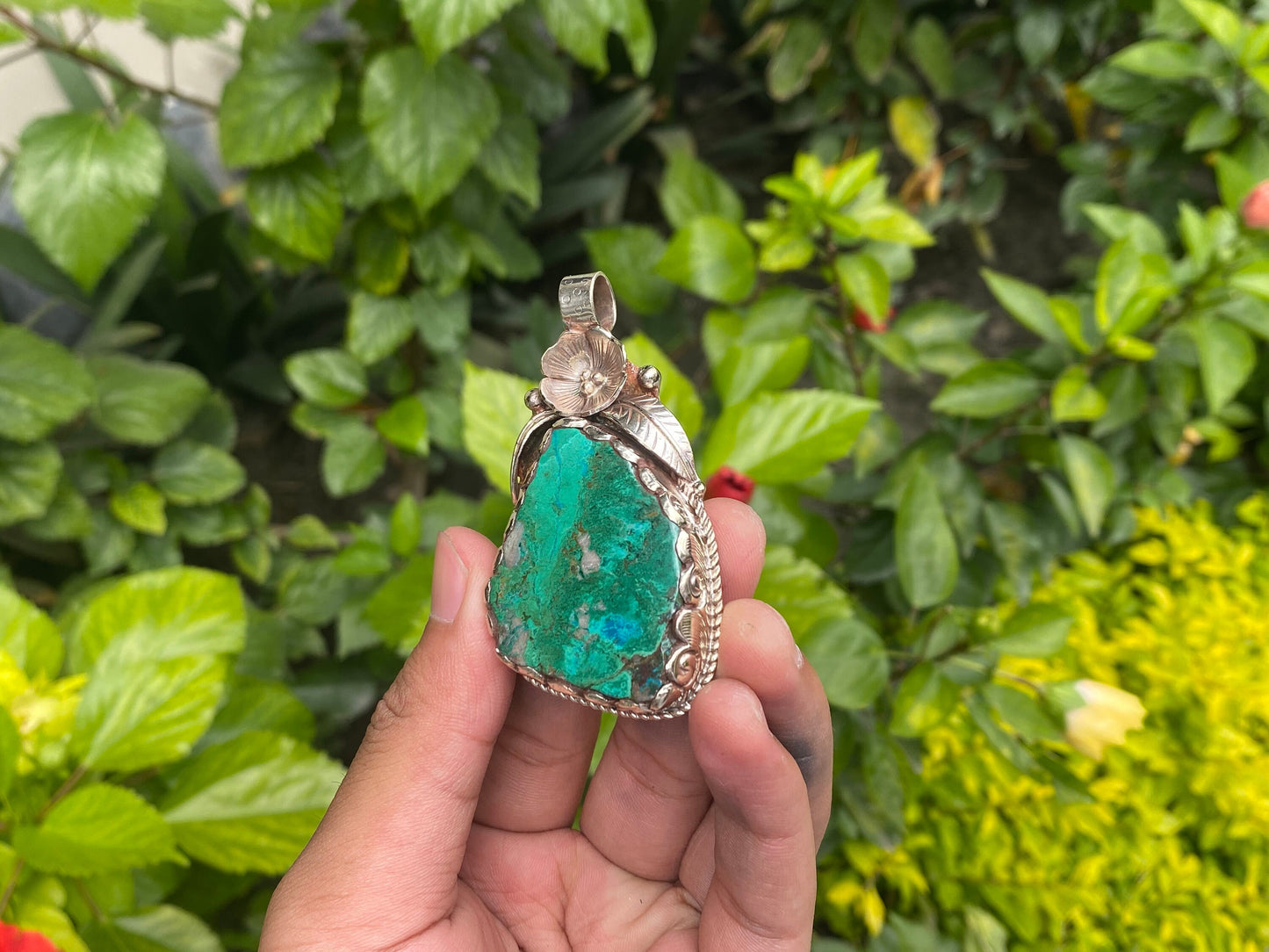 Raw Chrysocolla Handmade Nepalese Pendant, Boho Chic Jewelry, Unisex Tibetan Silver Jewelry, Healing Pendant, Hammered Floral Design