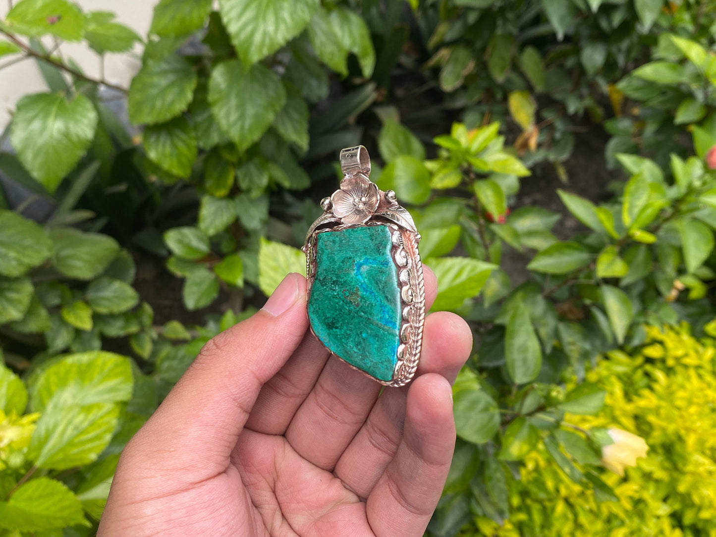 Raw Chrysocolla Handmade Nepalese Pendant, Boho Chic Jewelry, Unisex Tibetan Silver Jewelry, Healing Pendant, Hammered Floral Design