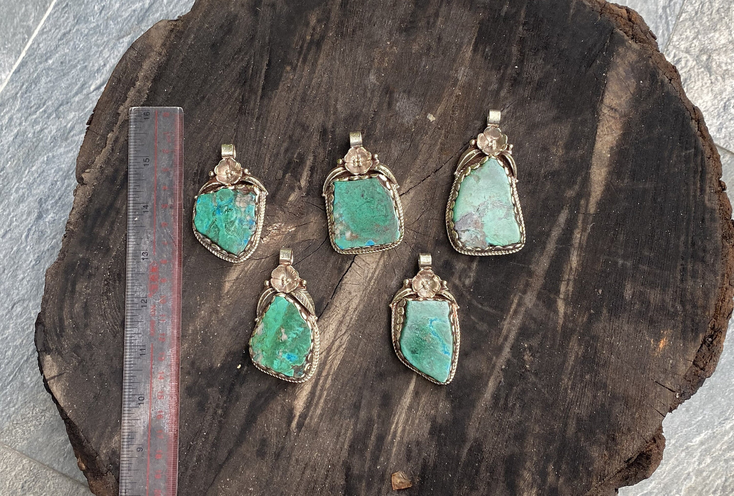 Raw Chrysocolla Handmade Nepalese Pendant, Boho Chic Jewelry, Unisex Tibetan Silver Jewelry, Healing Pendant, Hammered Floral Design
