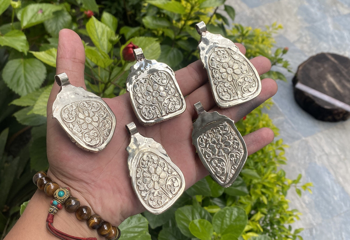 Raw Chrysocolla Handmade Nepalese Pendant, Boho Chic Jewelry, Unisex Tibetan Silver Jewelry, Healing Pendant, Hammered Floral Design