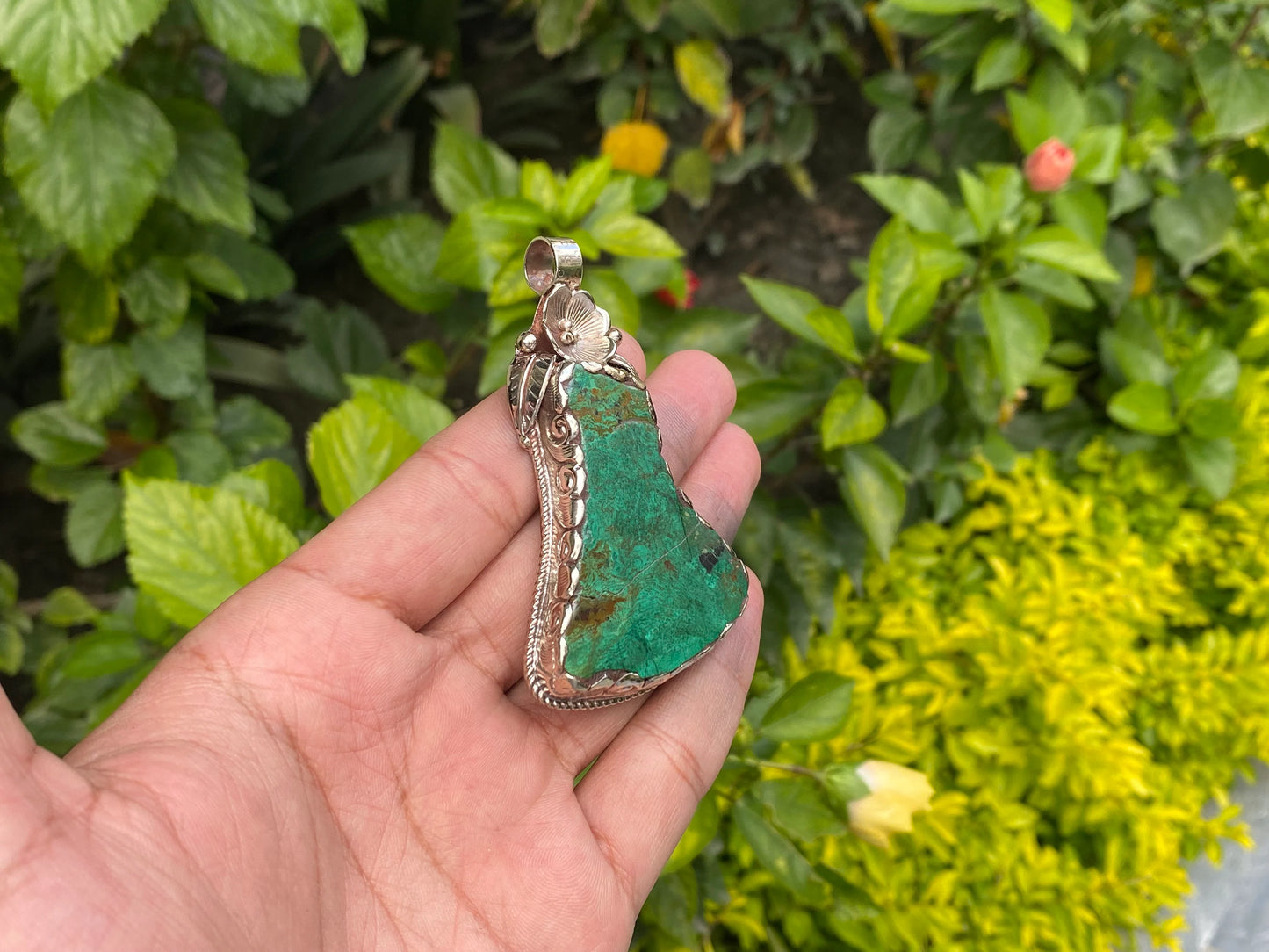 Raw Chrysocolla Pendant, Handmade Boho Style from Nepal, Trendy Hammered Floral Raw Chrysocolla Jewelry, Two Sided in Stylish, Natural Stone