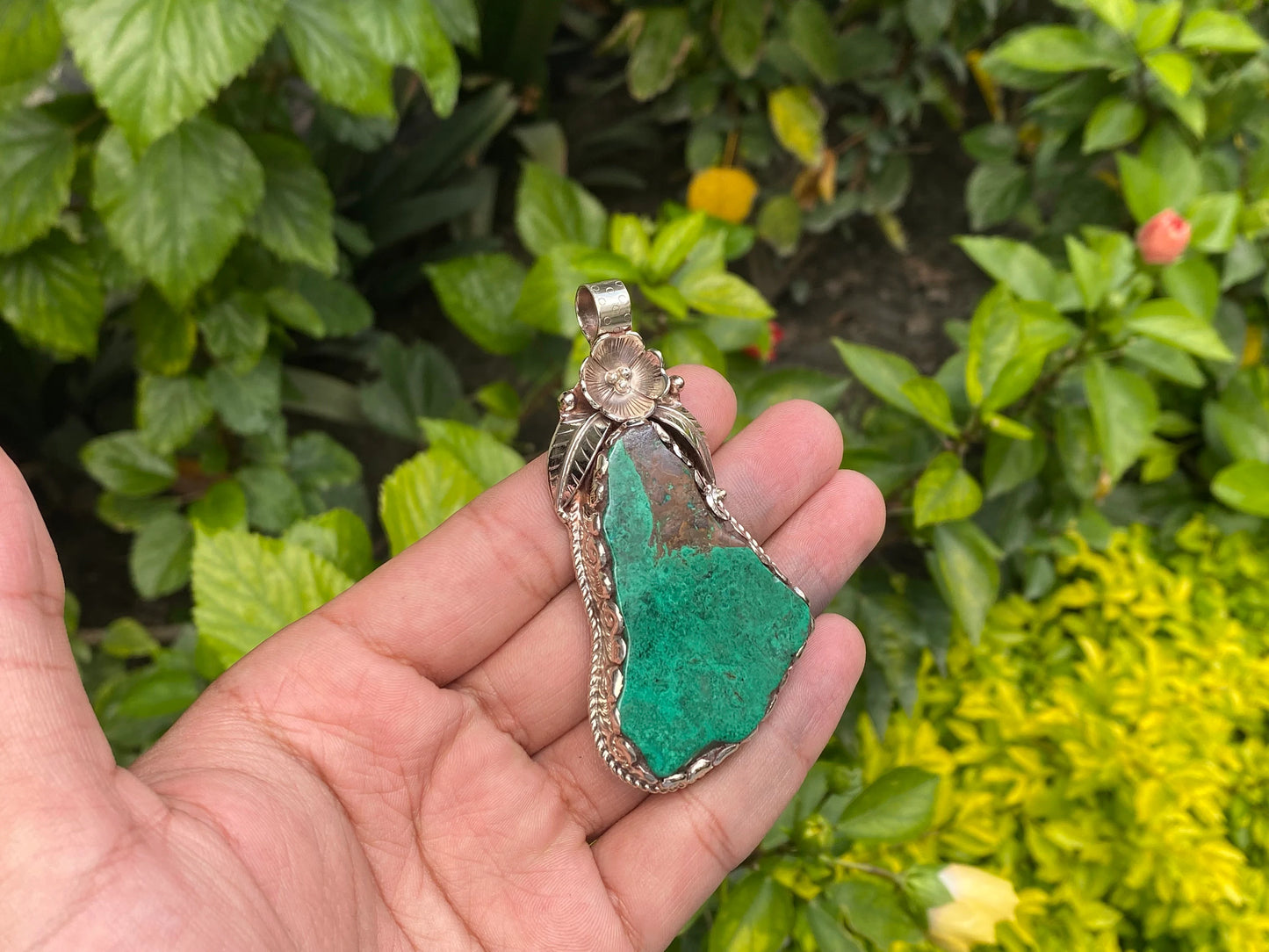 Raw Chrysocolla Pendant, Handmade Boho Style from Nepal, Trendy Hammered Floral Raw Chrysocolla Jewelry, Two Sided in Stylish, Natural Stone