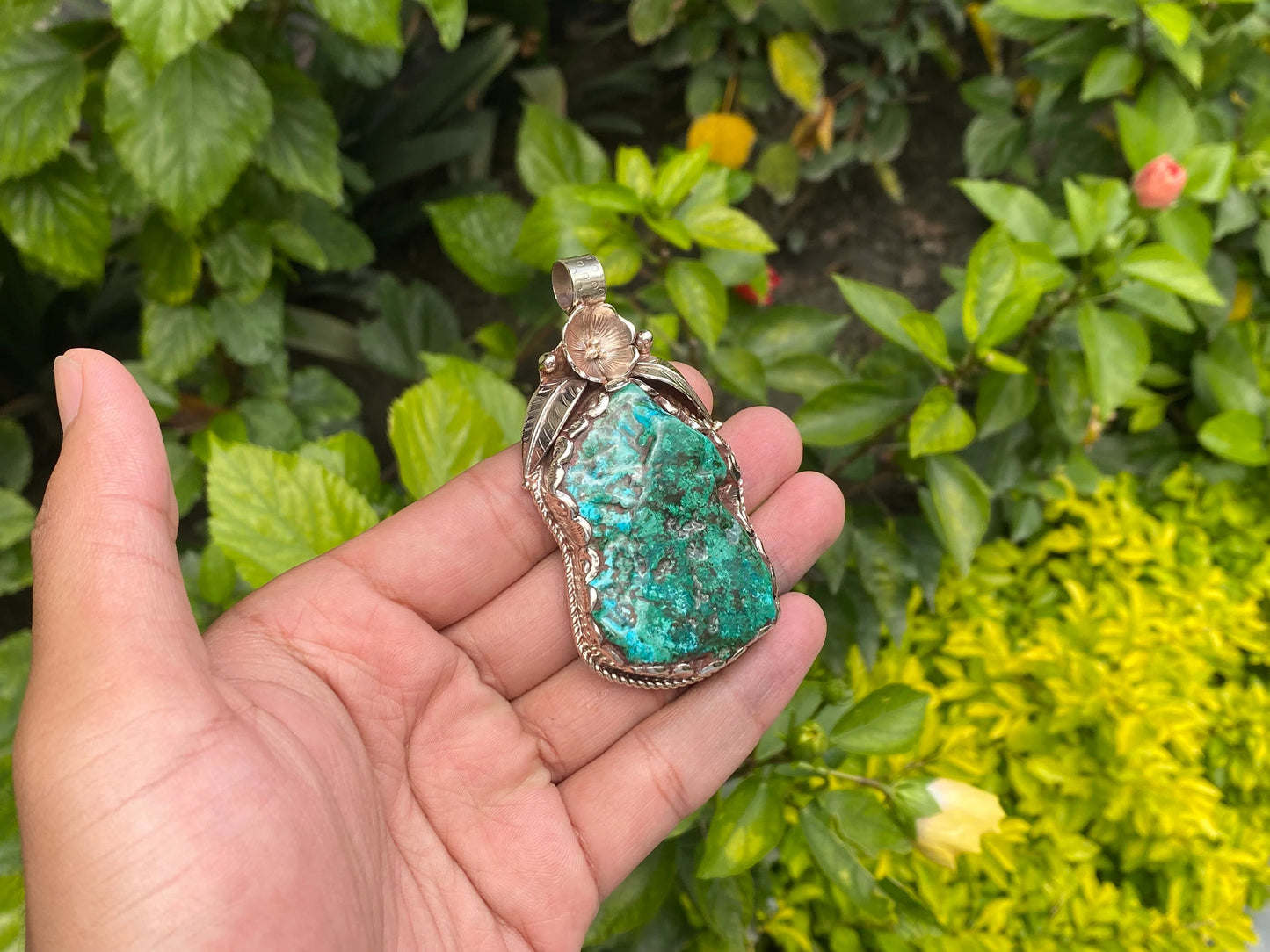 Raw Chrysocolla Pendant, Handmade Boho Style from Nepal, Trendy Hammered Floral Raw Chrysocolla Jewelry, Two Sided in Stylish, Natural Stone