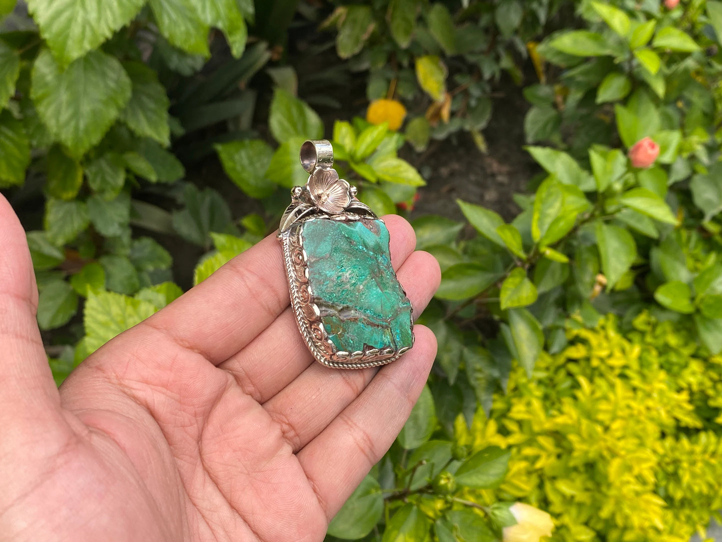 Raw Chrysocolla Pendant, Handmade Boho Style from Nepal, Trendy Hammered Floral Raw Chrysocolla Jewelry, Two Sided in Stylish, Natural Stone