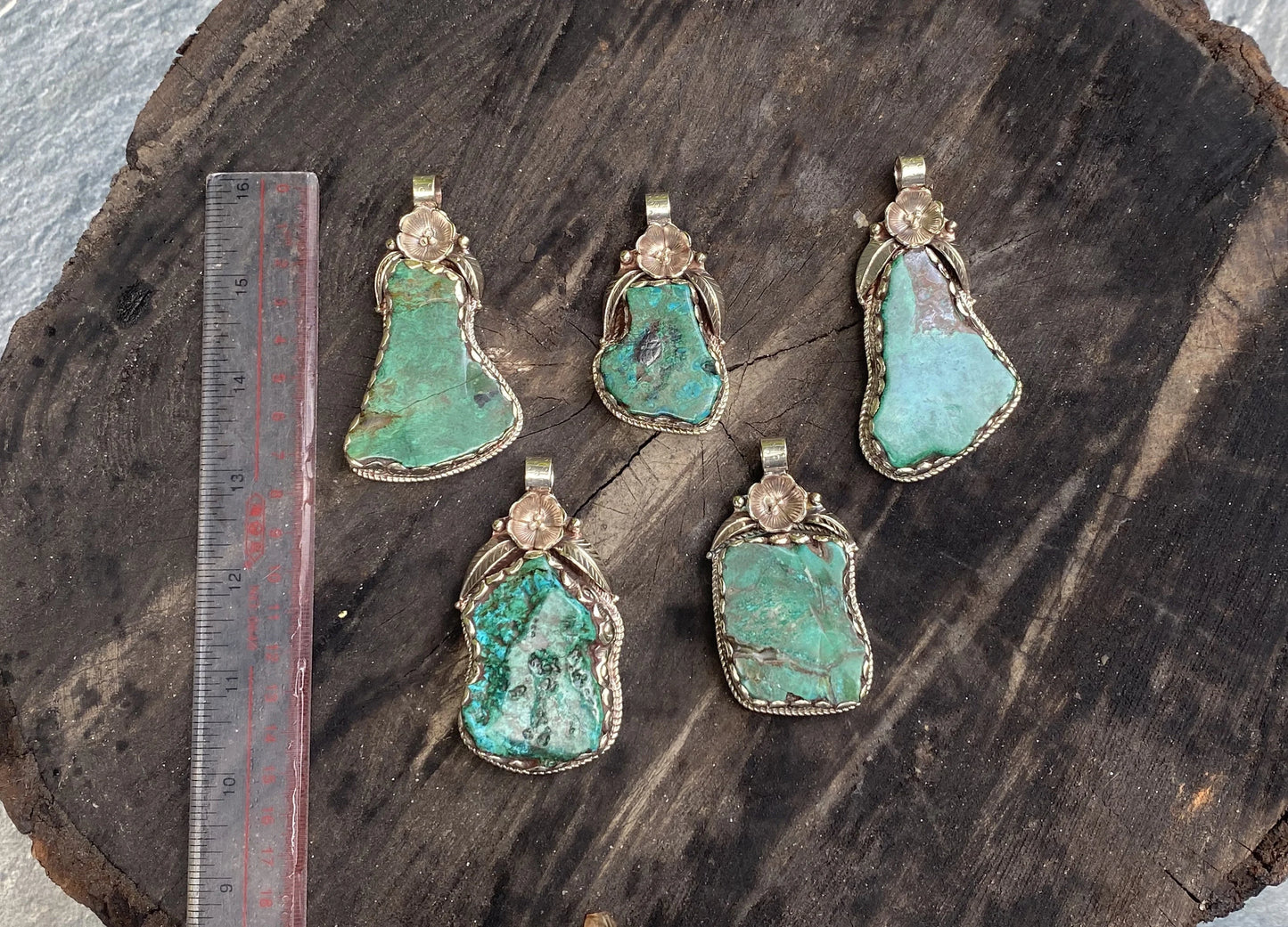 Raw Chrysocolla Pendant, Handmade Boho Style from Nepal, Trendy Hammered Floral Raw Chrysocolla Jewelry, Two Sided in Stylish, Natural Stone