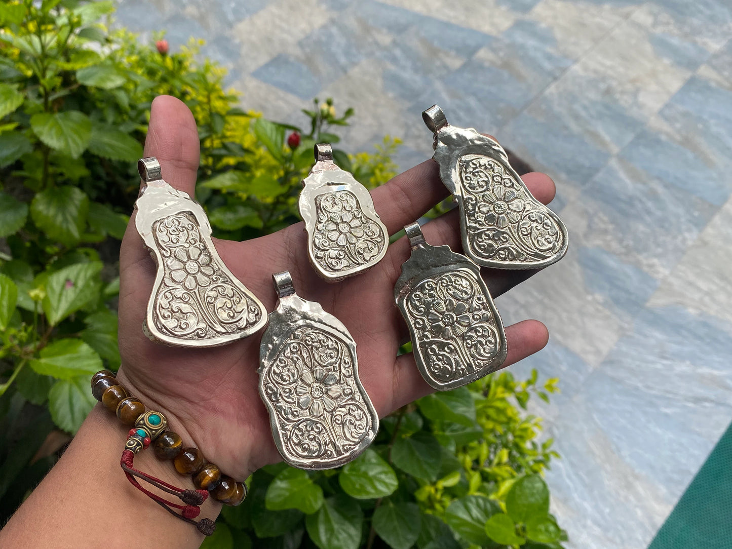 Raw Chrysocolla Pendant, Handmade Boho Style from Nepal, Trendy Hammered Floral Raw Chrysocolla Jewelry, Two Sided in Stylish, Natural Stone