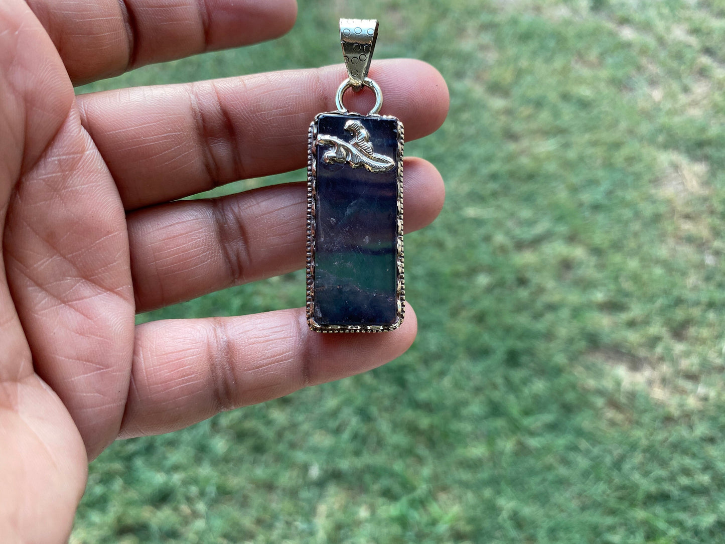 Raw Fluorite Natural Stone Tibetan Silver Pendant, Healing Crystal, Fluorite Gemstone Jewelry, Rainbow Fluorite Pendant,