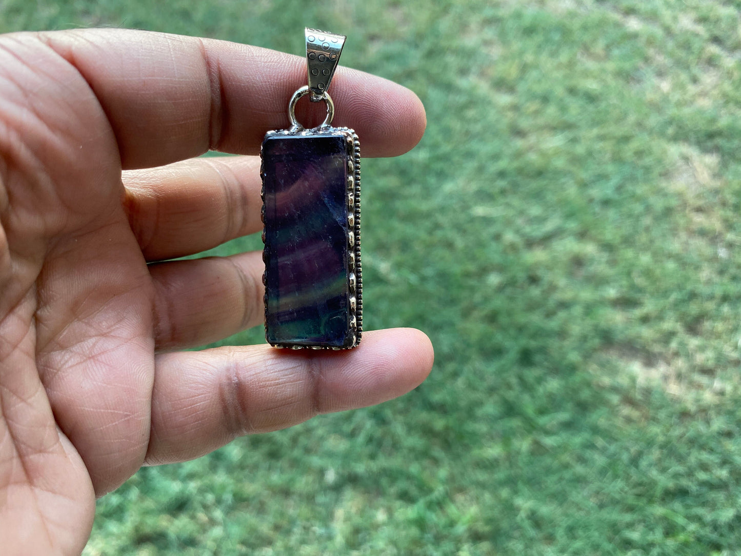 Raw Fluorite Natural Stone Tibetan Silver Pendant, Healing Crystal, Fluorite Gemstone Jewelry, Rainbow Fluorite Pendant,